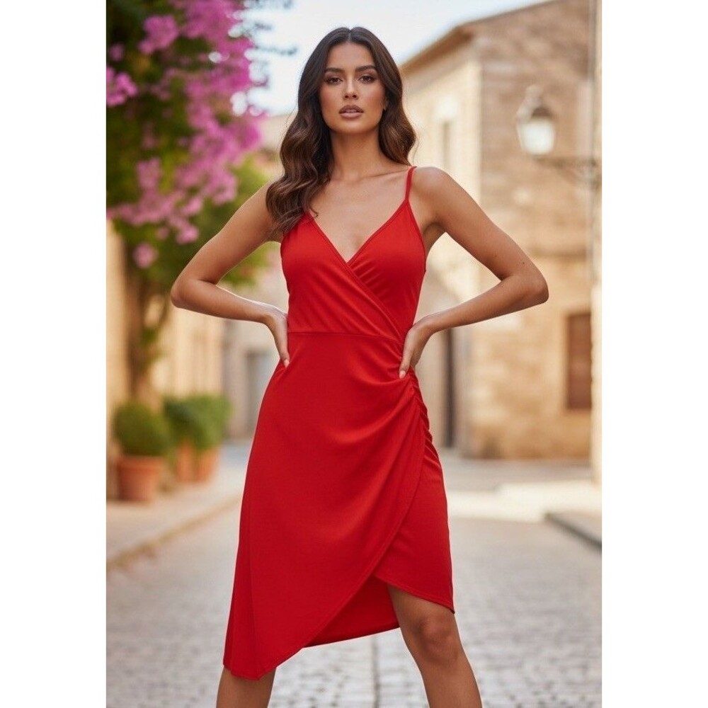 Planet Gold Juniors Red Faux Wrap Sleeveless Asymmetrical Midi Dress Medium